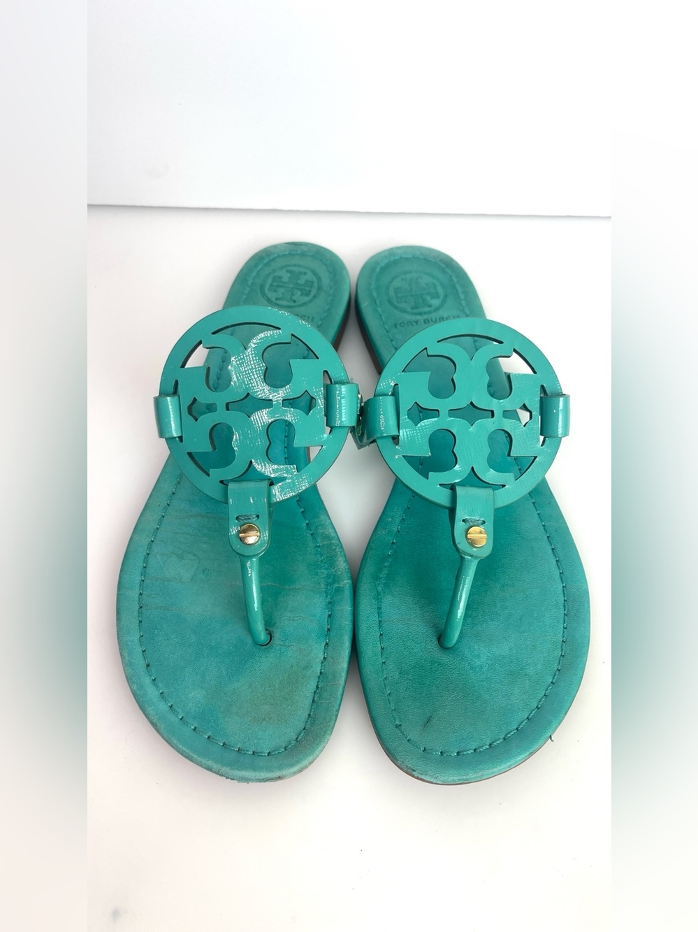Tory Burch Teal Miller Logo Leather Thong Sandals size 9